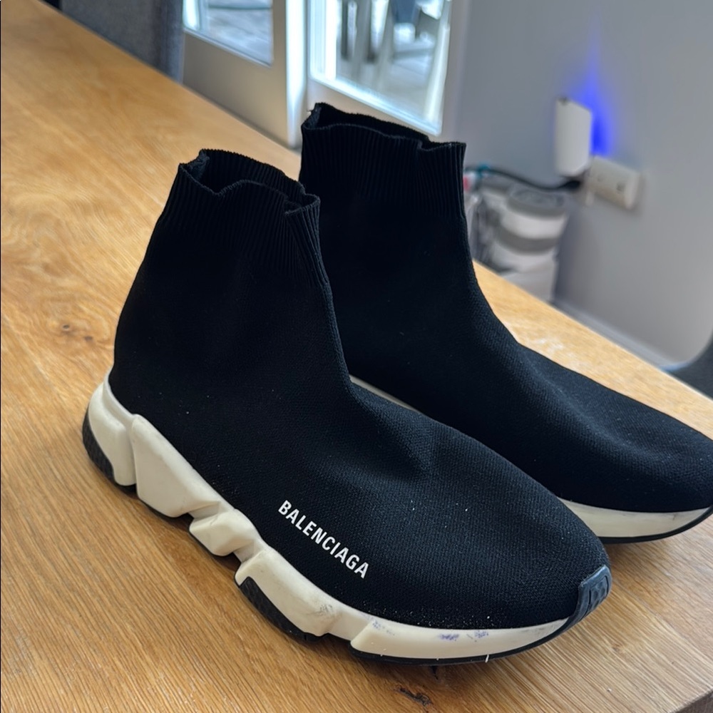 Balenciaga Black and White Speed Trainer Sneakers